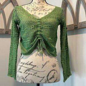 Women’s Green Crochet Sweater Ruching Cinched Center Drawstring Fairycore Boho M